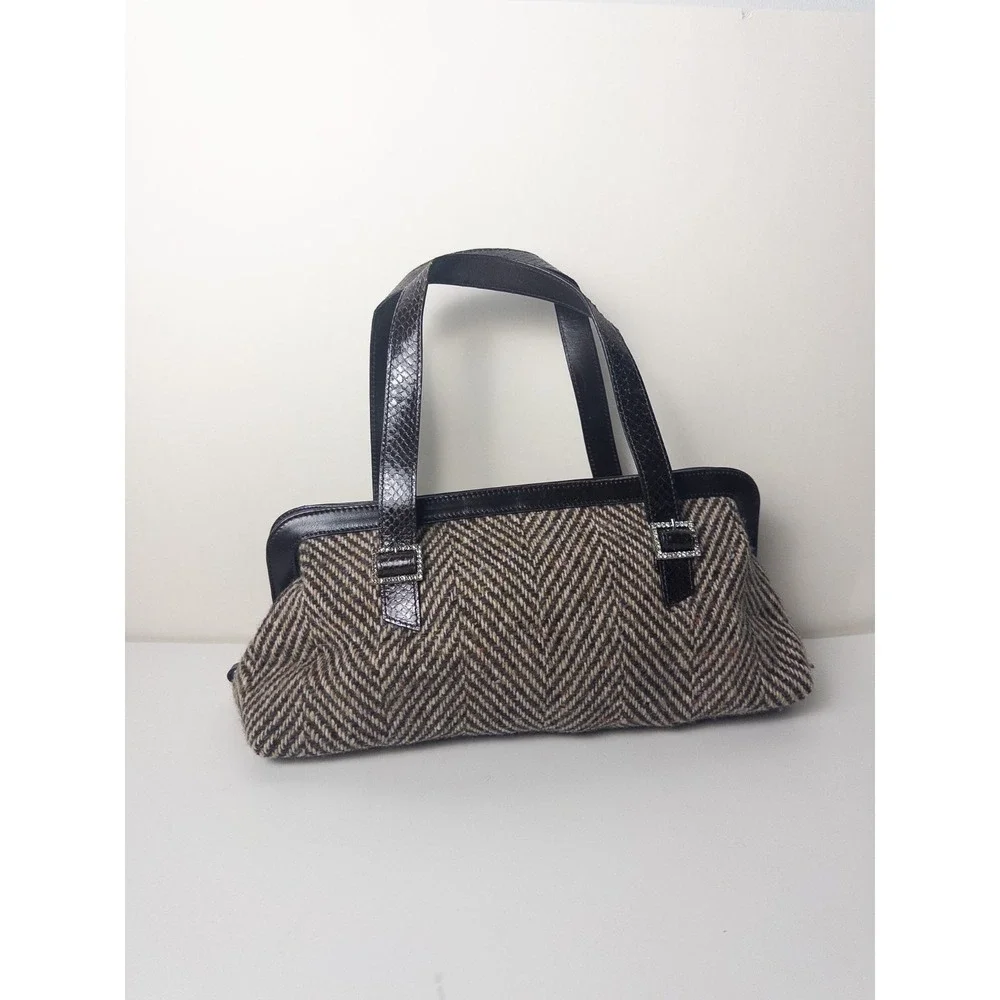 VTG Y2K Kate Spade Tweed Herringbone Handbag Womens Brown‎ Snakeskin